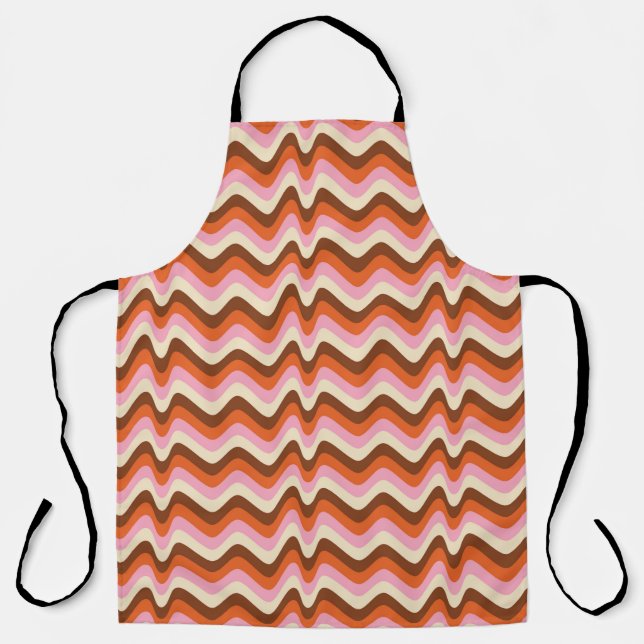 70s retro brown and pink wave pattern  apron (Front)