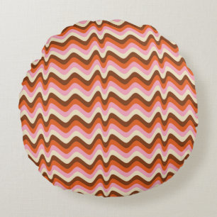 70s retro brown and pink wave pattern round cushion