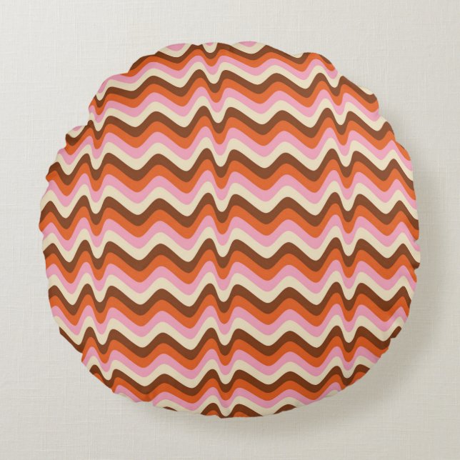 70s retro brown and pink wave pattern  round cushion (Front)