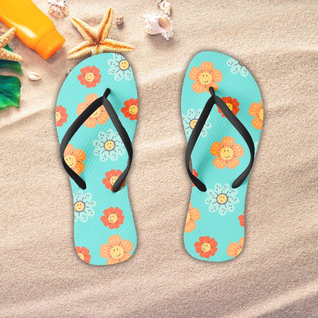 70s Retro Colourful Floral Daisies Thongs (Beach Flip Flops - Retro Floral Design. )