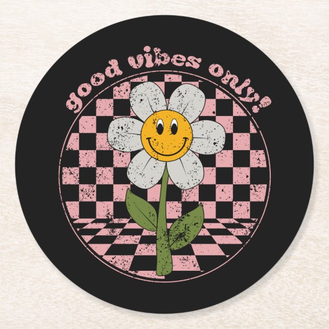 70's Retro Daisy | Good Vibes Only Round Paper Coaster (Front)