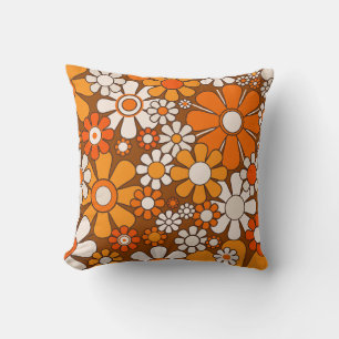 70s Retro Floral Brown Orange Boho Decor Cushion