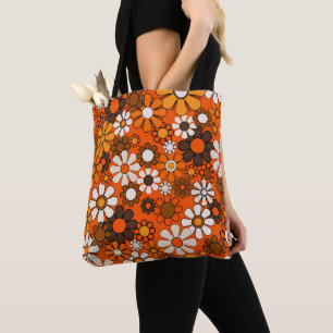 70s Retro Floral Brown Orange Boho Tote Bag