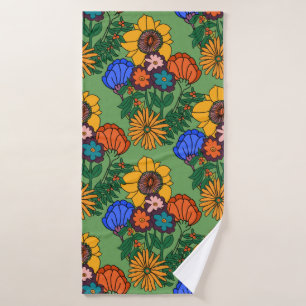 70s Retro Floral Green Throw Pillow Bath Towel