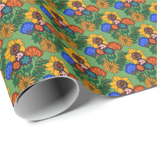 70s Retro Floral Green Throw Pillow Wrapping Paper