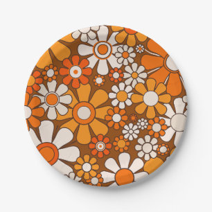 70s Retro Floral Pattern with Groovy 1970s Flowers Paper Plate