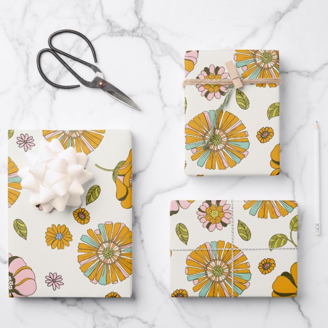 70's Retro Floral Pattern Wrapping Paper Sheet (Front)