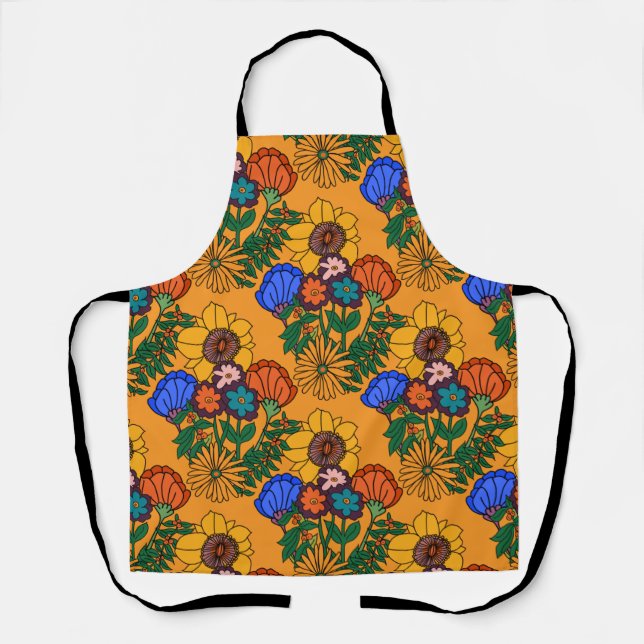 70s Retro Floral Yellow - Mid century modern botan Apron (Front)