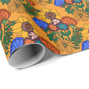 70s Retro Floral Yellow Throw Pillow Wrapping Paper
