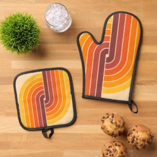 70s Retro Geometric Design Oven Mitt & Pot Holder Set