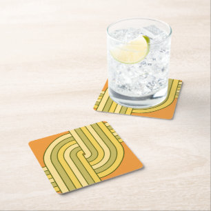 70s Retro Geometric Design Square Paper Coaster