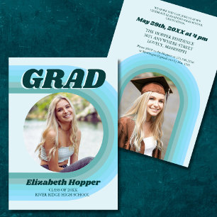 70s Retro Groovy Arch Blue Funky Photo Graduation  Invitation