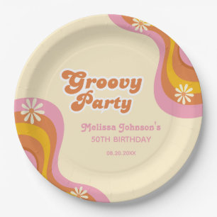 70s Retro Groovy Party Daisies Peach Birthday Paper Plate