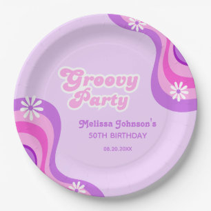 70s Retro Groovy Party Daisies Purple Birthday Paper Plate