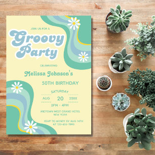 70s Retro Groovy Party Daisies Yellow Birthday Invitation