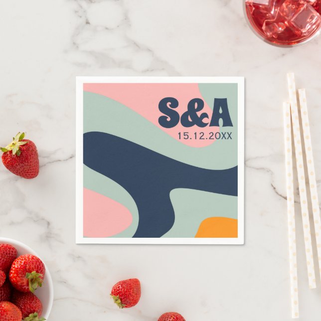 70s Retro Groovy Pastel Pink Blue Orange Wedding Napkin (Insitu)