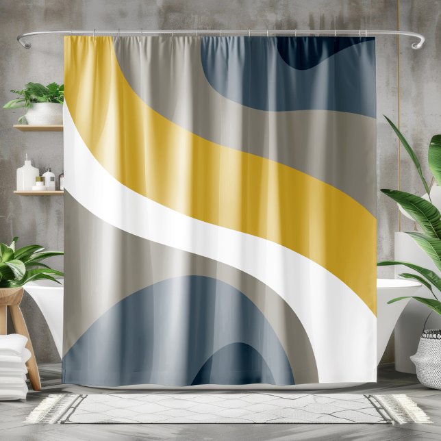 70s Retro Groovy Pattern Navy, Mustard, Grey Shower Curtain (Creator Uploaded)