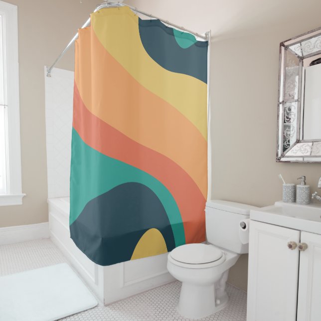 70s Retro Groovy Pattern Teal, Orange, Yellow Shower Curtain (In Situ)