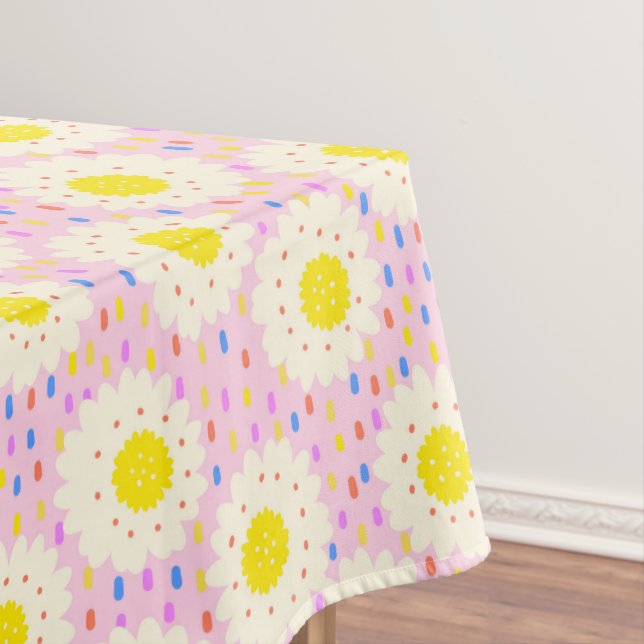 70s Retro Groovy Pink Daisy Floral Pattern Tablecloth (In Situ)