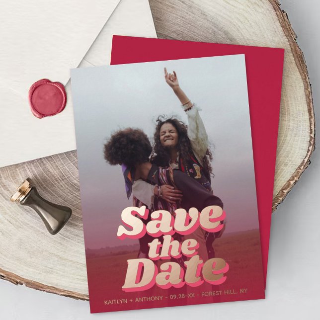 70's Retro Groovy Viva Magenta Photo Save The Date (Creator Uploaded)