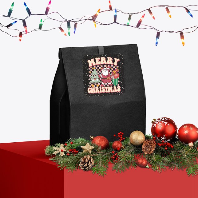 70's Retro Merry Christmas Santa Claus Xmas Tree Square Sticker (Creator Uploaded)