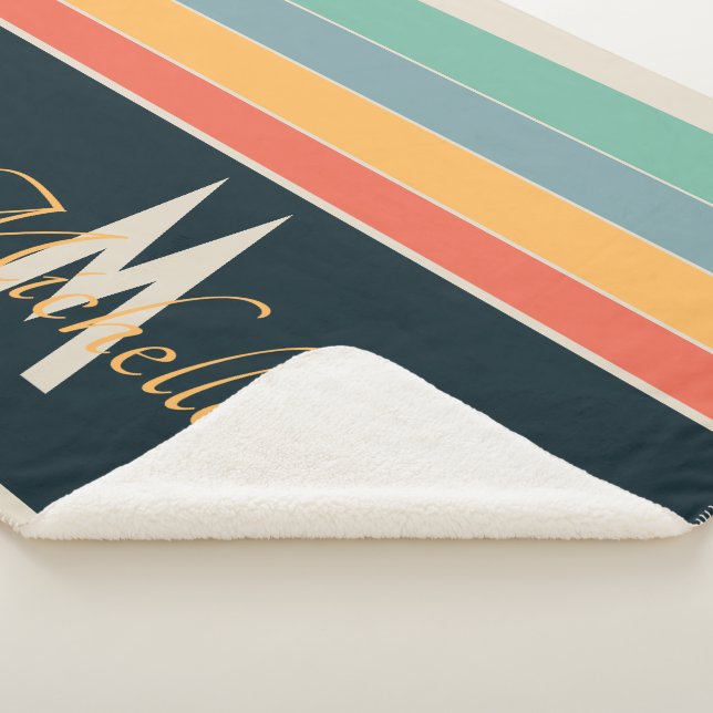 70s Retro Monogrammed Pink and Navy Blue Stripes Sherpa Blanket (3/4)