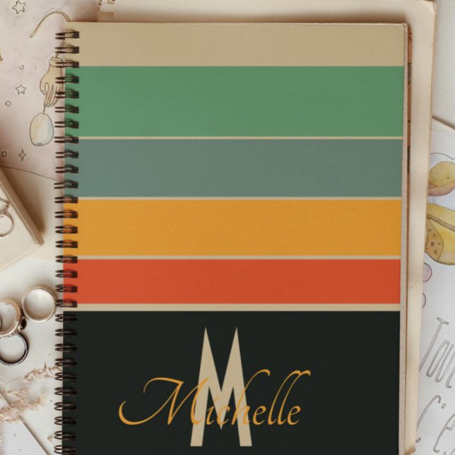 70s retro Navy blue and pink Stripes monogrammed Notebook (Creator Uploaded)