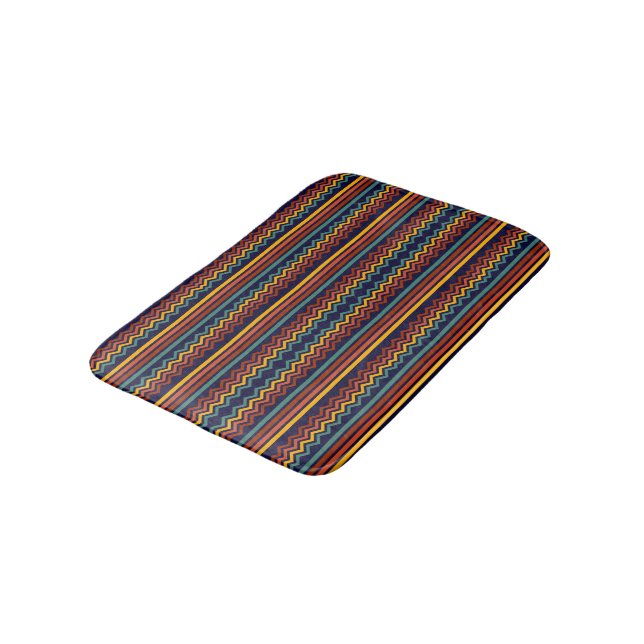 70s Retro Navy & Mustard Boho Chevron Stripes Bath Mat (Angled)