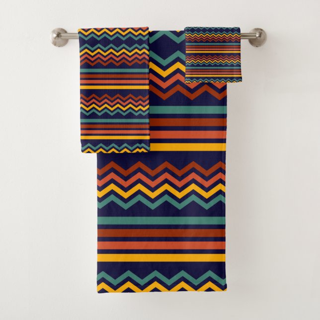 70s Retro Navy & Mustard Boho Chevron Stripes Bath Towel Set (Insitu)