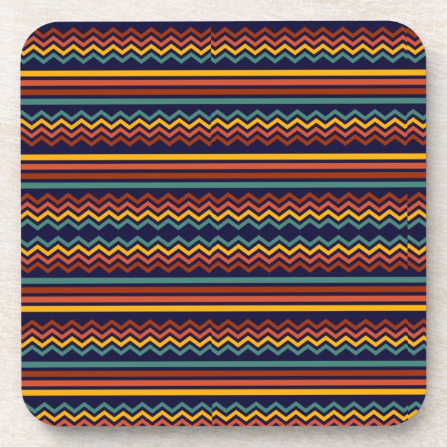 70s Retro Navy & Mustard Boho Chevron Stripes Coaster (Front)