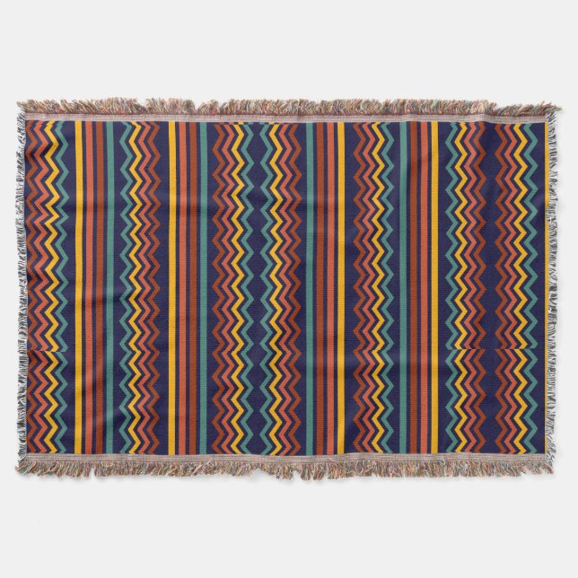70s Retro Navy & Mustard Boho Chevron Stripes Throw Blanket (Front)