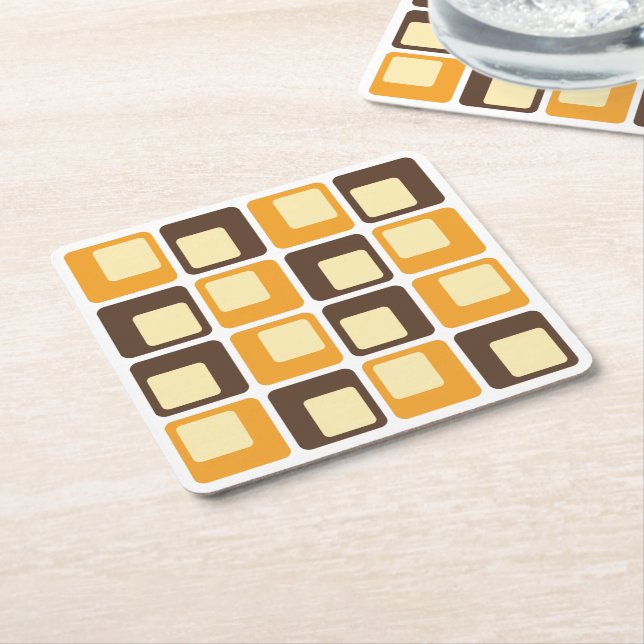 70s Retro Square Shapes Pattern Square Paper Coaster (Angled)