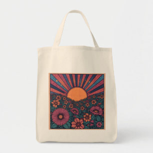 70s Retro Sunshine Flower Field Design  Tote Bag