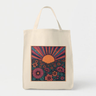 70s Retro Sunshine Flower Field Design Tote Bag