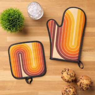 70s Retro Vintage Style Geometric Design Oven Mitt & Pot Holder Set
