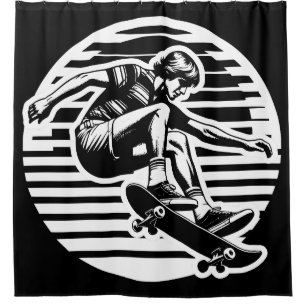 70's Skateboarder Sun Circle Black and White Shower Curtain