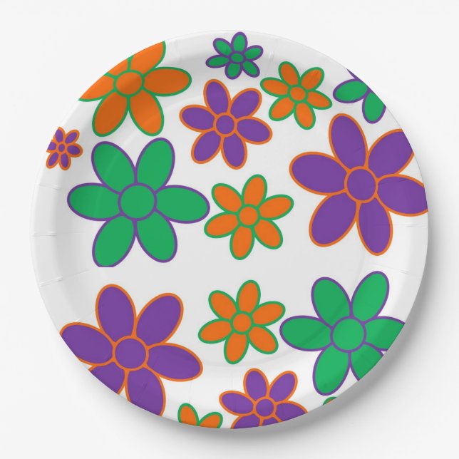 70s Style Flowers on Paper Party Plates  (Front)