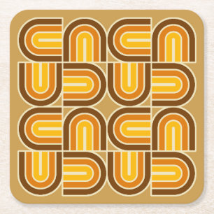70s Style Geometric Arch Pattern Square Paper Coaster