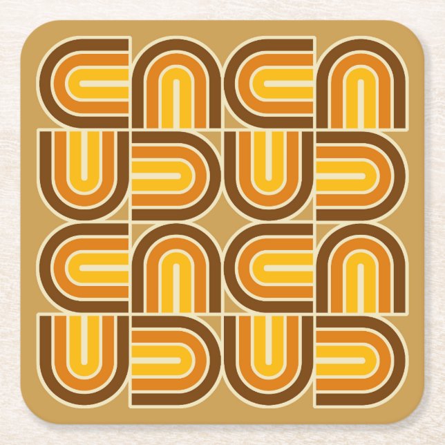 70s Style Geometric Arch Pattern Square Paper Coaster (Front)