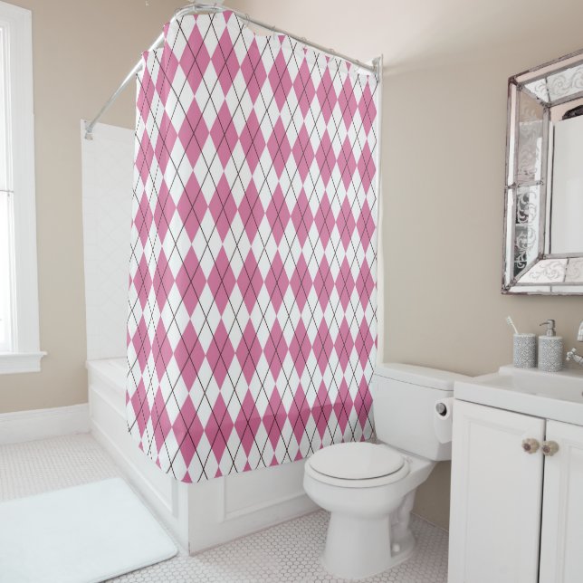 70s Tartan-Pattern Pinky Shower Curtain (In Situ)