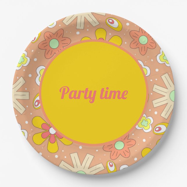 70's Vibes Peach Colour Summer Pattern Paper Plate (Front)