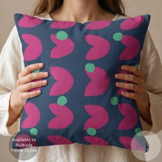 70s Vibrant Pink Tulip with Green Dots Deep Blue Cushion