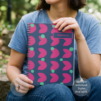 70s Vibrant Pink Tulip with Green Dots Deep Blue Notebook