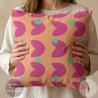 70s Vibrant Pink Tulip with Green Dots in Orange Cushion