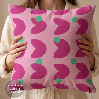 70s Vibrant Pink Tulip with Green Dots in Pink Cushion