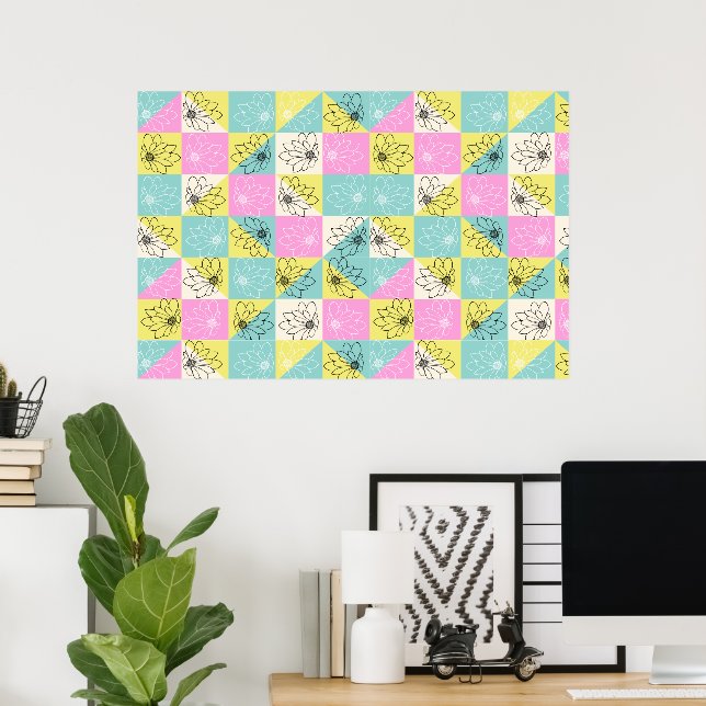 70s vintage Colourful chequered Flower pattern Poster (Home Office)