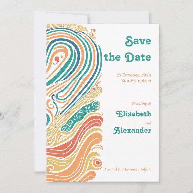 70's vintage psychedelic waves, save the date invitation (Front)