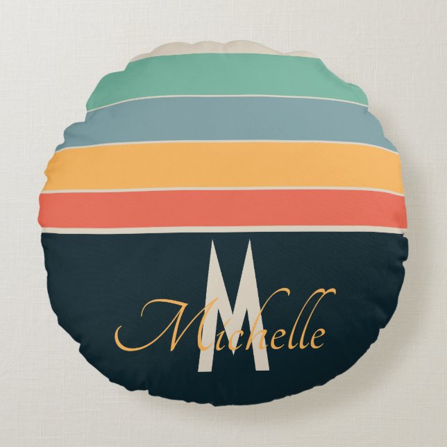 70s Vintage Stripe pattern custom initial Round Cushion (Front)