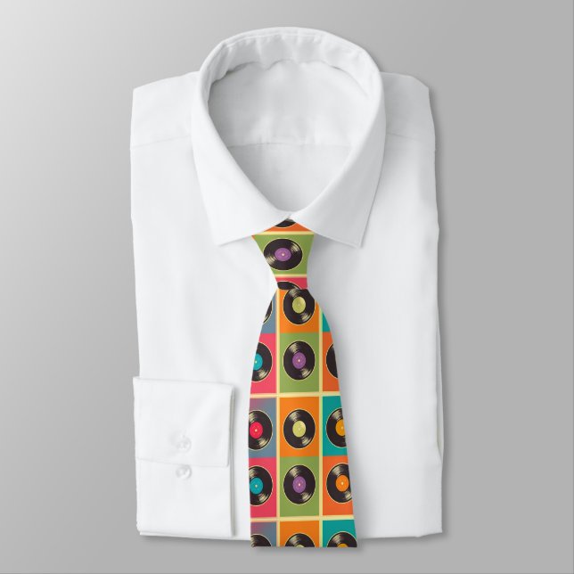 70s Vinyl Record Pattern Retro Tie (Tied)