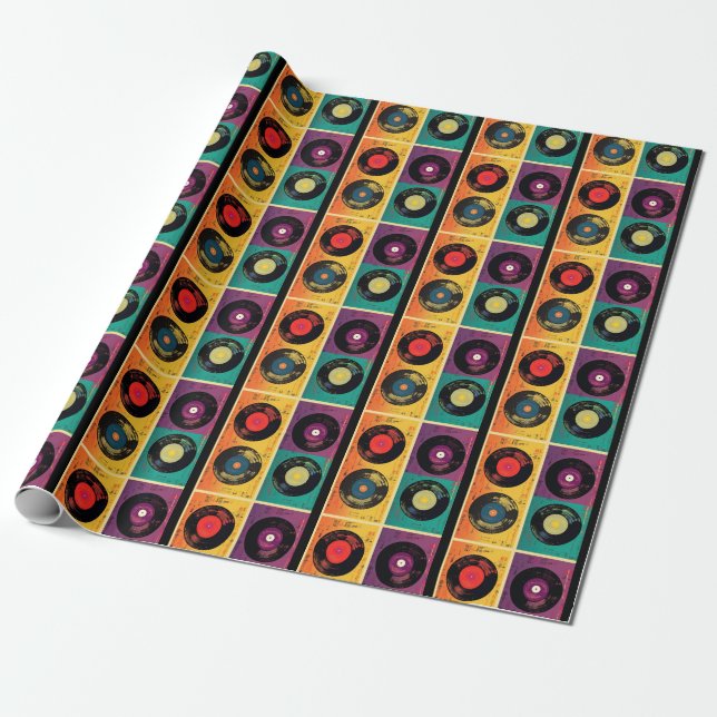 70s Vinyl Record Pattern Retro Wrapping Paper (Unrolled)